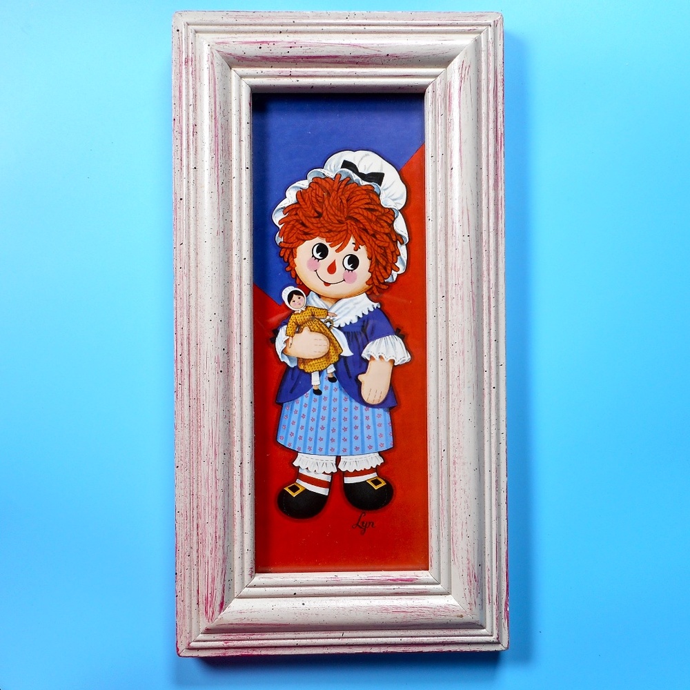 VTG Raggedy Ann w Doll by Lyn Framed Color Art Print Panel 6.5"X12.5" Cute